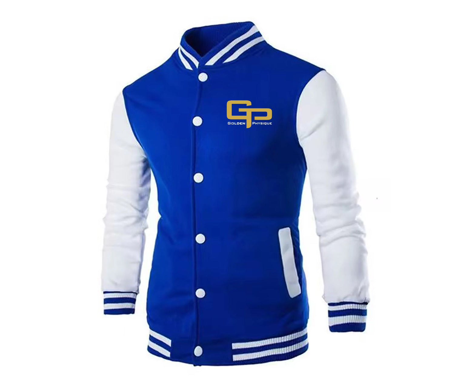 GP  blue and white varsity-style jacket