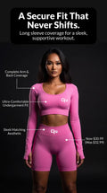 GP bright pink long-sleeve crop top and matching high-waisted shorts.